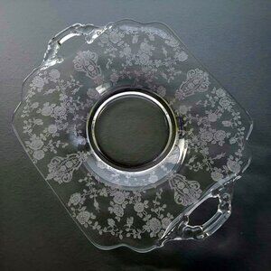 Vintage Cambridge Rose Point Clear Handled Bon Bon Plate, Etched Floral c1934-58